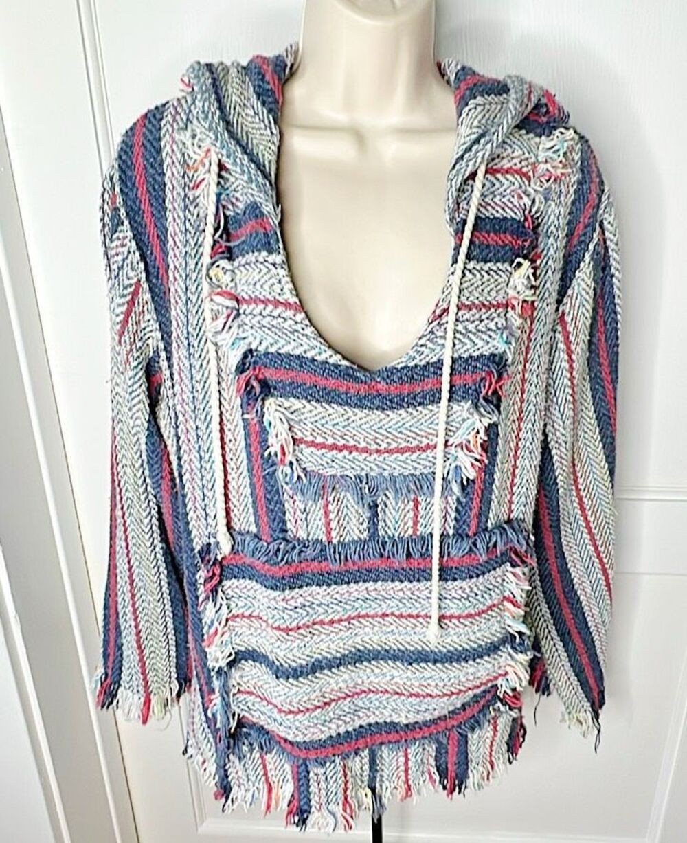 Jen’s Pirate Booty Fringe Hooded Poncho Size XS Baja Mexican Blanket